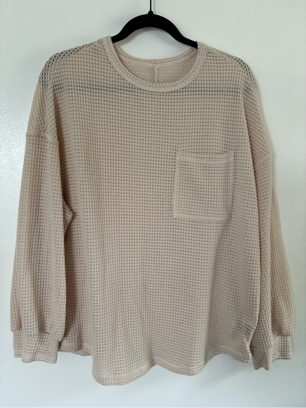 Long-Sleeve Waffle Knit Pocket Top — Cream